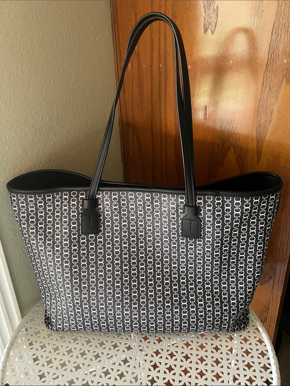 Tory Burch Black and White Logo Stripe Tote with Center Accent - Picture 2 of 7